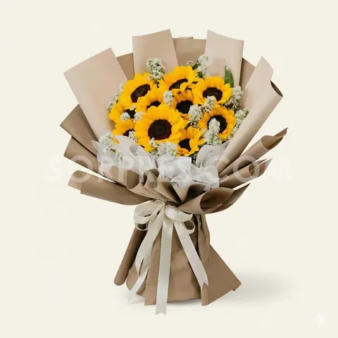 Ramo de girasoles con lazo en papel kraft